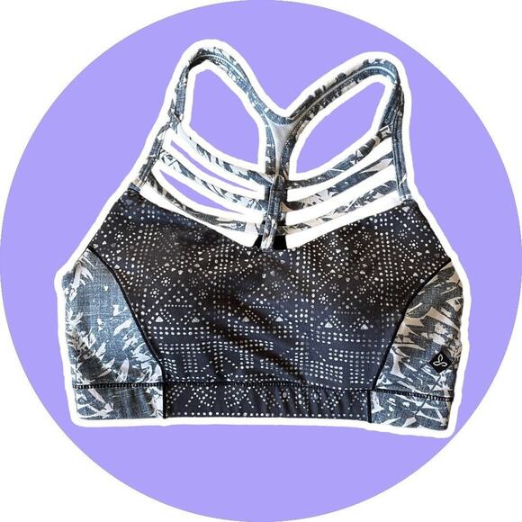 PrAna Sports Bra Women Cage Reistling Yoga Black White Blue Mosaic Size XS - Picture 2 of 11